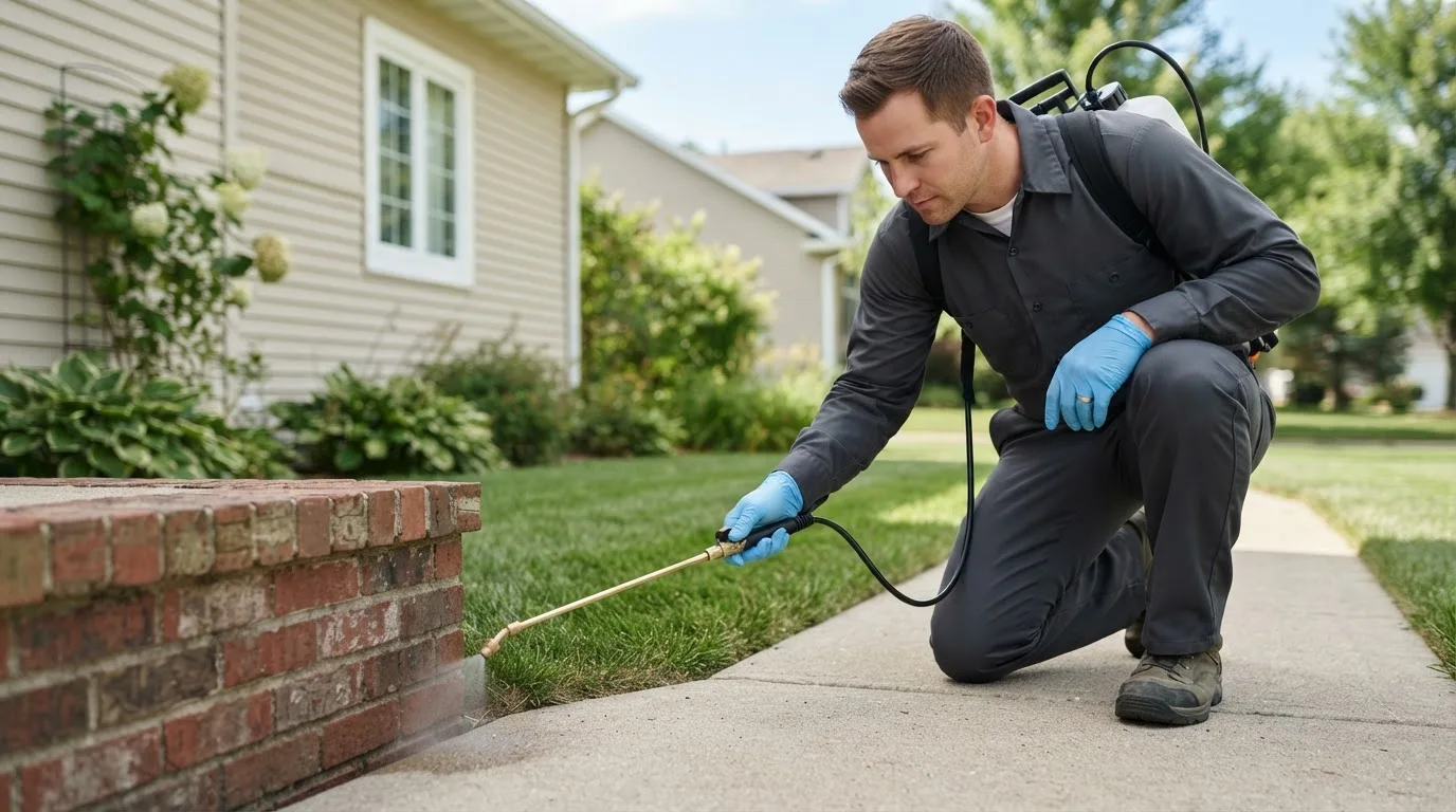 Pest control technician treating a home near Caddo, TX