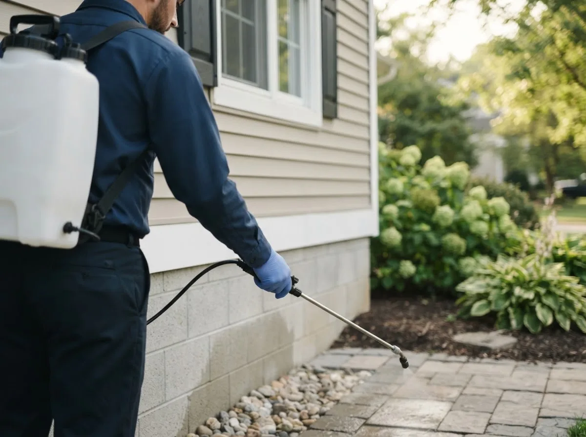 Pest control technician inspecting a home in Caddo, TX